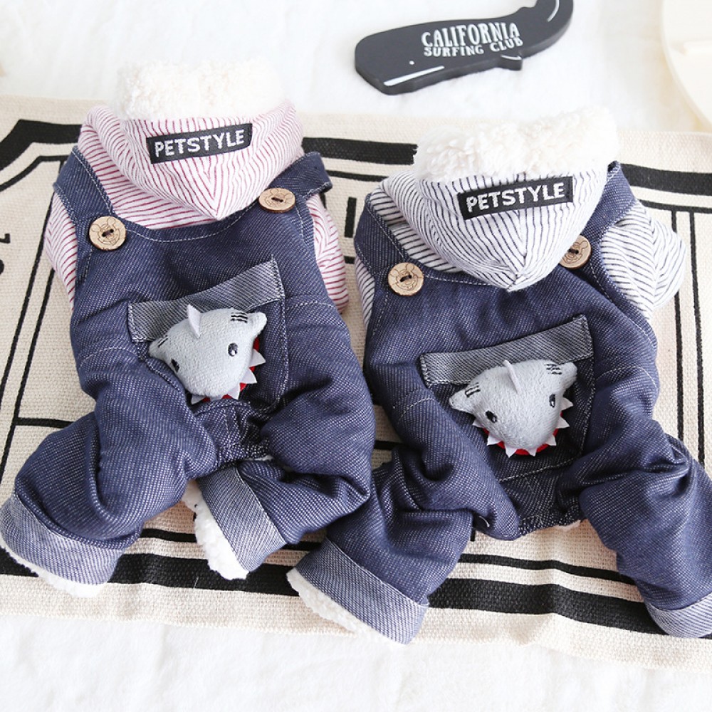 petstyle autumn and winter shark baby striped hooded four-legged clothing pet thick warm clothing denim