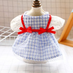 Teddy bear small and medium-sized dog pet dog dog cat spring and summer clothes bowknot red ribbon blue gingham skirt