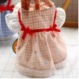Teddy bear small and medium-sized dog pet dog dog cat spring and summer clothes bowknot red ribbon blue gingham skirt
