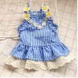 Pet clothes dog cat new summer dress flowers mini blue grid sun lace skirt
