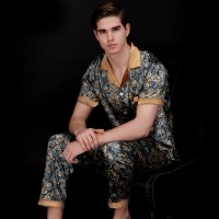 Explosion silk pajamas spring and summer two-piece suit dragon robe texture medium-sleeved trousers home service