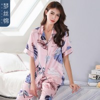 New spring and autumn pajamas ladies short-sleeved trousers simulation silk ladies home service summer two-piece suit