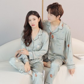 Couple silk pajamas male long-sleeved ice silk spring and autumn thin section suit female long-sleeved two-piece nightdress home service
