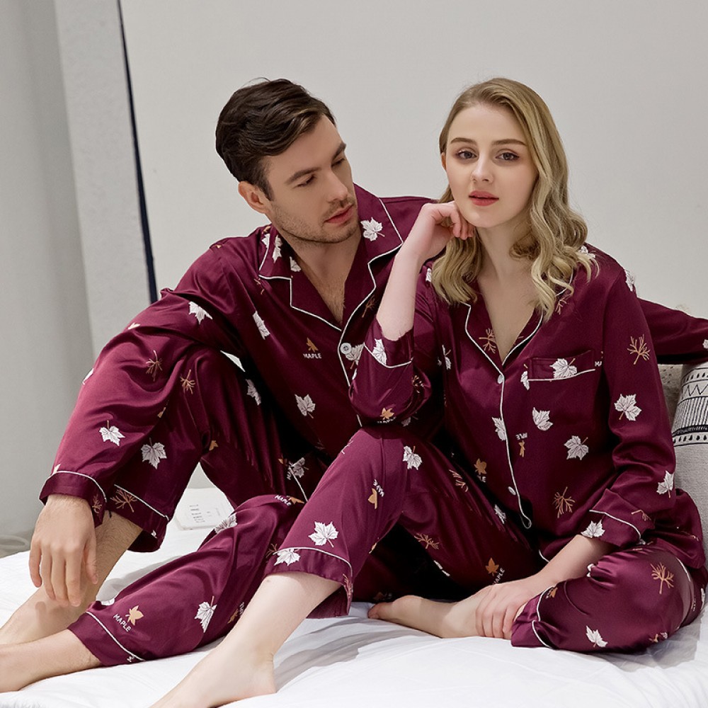 Spring and autumn summer couple pajamas long-sleeved simulation silk spring and autumn pajamas women models men and women winter thin home service suit CP