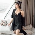 Pajamas women autumn ice silk spring autumn and winter thin section sexy lace lace sexy suspenders nightdress nightgown two-piece suit