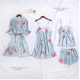 Spring and summer new simulation silk ladies cardigan lace robe mid-sleeved shorts nightgown ice silk printing four CP