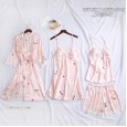 Spring and summer new simulation silk ladies cardigan lace robe mid-sleeved shorts nightgown ice silk printing four CP