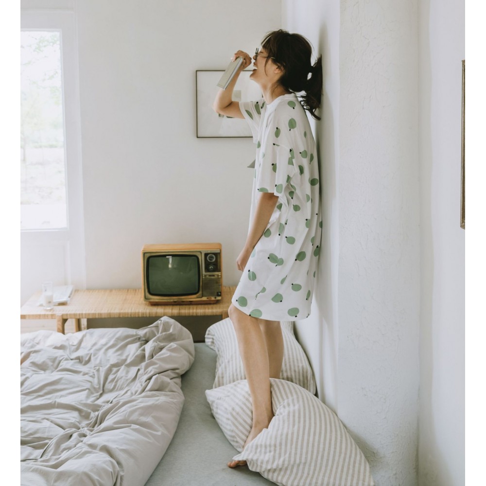 Women's Adult Knitted Cotton Printed Home Service Strawberry White Loquat Pajamas Skirt Summer Short Sleeve Set