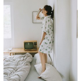 Women's Adult Knitted Cotton Printed Home Service Strawberry White Loquat Pajamas Skirt Summer Short Sleeve Set