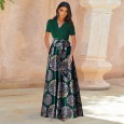 Spring and summer new women's skirt contrast color short-sleeved v-neck print dress dress
