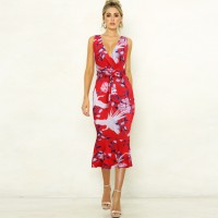 Summer New Women's Skirt V-neck Slim Print Ruffle Dress