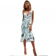 Summer New Women's Skirt V-neck Slim Print Ruffle Dress