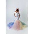 Women's lace stitching mesh yarn pregnant women trailing short-sleeved dress long skirt photography trailing dress 1921
