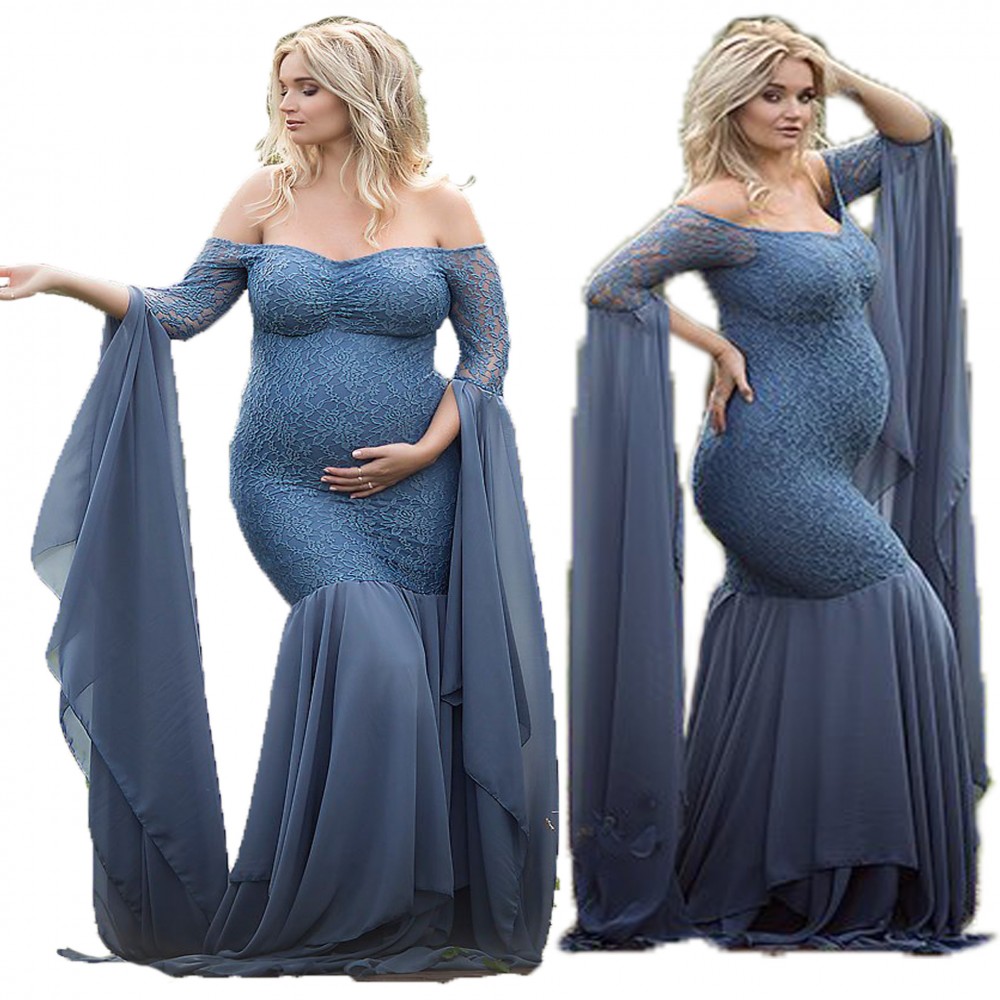 Women's lace stitching pregnant women's ultra-long-sleeved one-piece dress photography Feifei sleeve dress 1839