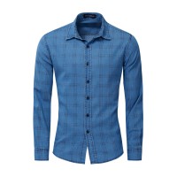 Plus size men's spring and autumn long-sleeved denim shirt plaid shirt 5