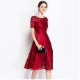 Xia's new large size women's fit body mesh lace dress was thin and versatile short-sleeved A-line skirt
