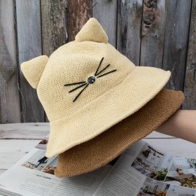 Japanese sweet cute cat ears fisherman hat female summer breathable cotton and linen sunscreen hat wild student basin hat