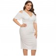 Summer new large size women's dress elastic suspenders V-neck solid color skirt