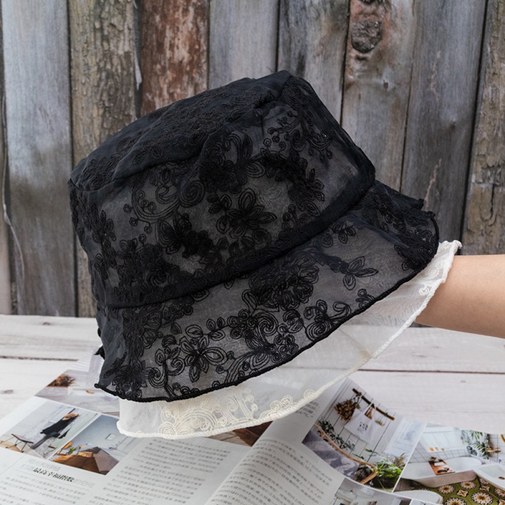 Lace mesh transparent fisherman hat female Korean version of the wild tide thin section flower hollow bucket hat sun protection sun hat