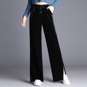European station spring and autumn new gold velvet casual pants high waist split female loose plus velvet straight wide leg pants