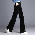 European station spring and autumn new gold velvet casual pants high waist split female loose plus velvet straight wide leg pants