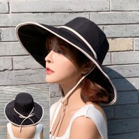 Women's outdoor sunscreen sunscreen fabric sun hat literary big brim hat summer new wild strap fisherman hat