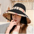New style hat spring and summer female super large eaves fisherman hat contrast color lattice sun hat double-sided with sun hat travel
