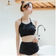 Wind swimsuit small chest high waist solid color split bikini fashion vacation hot spring bathing suit female two-piece suit