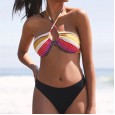 New bikini striped print cross neck lace up swimsuit women