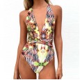 The new one-piece swimsuit long tie printed one-piece swimsuit