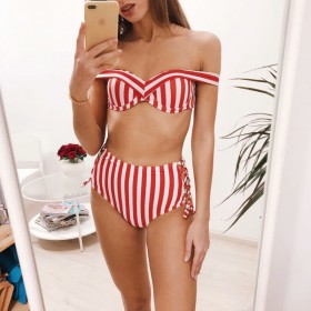 New Bikini Women's Striped Shoulder Bag High Waist Seaside Split