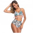 New high waist bikini mesh yarn stitching high waist leaf print sexy