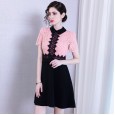 Spring new V-neck contrast color stitching lace dress short-sleeved temperament waist slimming A-line skirt women