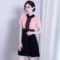 Spring new V-neck contrast color stitching lace dress short-sleeved temperament waist slimming A-line skirt women