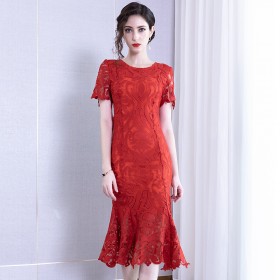 Hollow lace dress female spring new temperament round neck ladies waist slim fit bag hip fishtail skirt