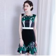 Spring sexy high waist slim ruffled round neck dress printing was thin bag hip temperament fishtail skirt women