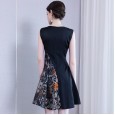 High-end embroidered dress spring new round neck elegant sleeveless A word high waist was thin middle skirt women