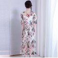 Spring new embroidery elegant round neck dress mid-sleeved chiffon long two-piece skirt