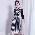 Spring new striped print dress femininity long-neck V-neck was thin waist long sleeve shirt skirt