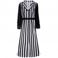 Spring new striped print dress femininity long-neck V-neck was thin waist long sleeve shirt skirt
