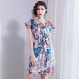Spring new spring silk print dress loose lace round neck skirt women