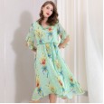 V-neck printed elasticated thin chiffon dress elegant irregular new summer