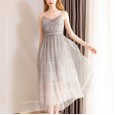 Slim polka dot chiffon long dress elegant V-neck mesh new spring women's clothing