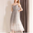 Slim polka dot chiffon long dress elegant V-neck mesh new spring women's clothing