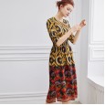 Spring new fashion silk temperament women's printed long-sleeved long waist dress