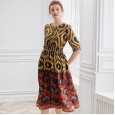 Spring new fashion silk temperament women's printed long-sleeved long waist dress