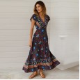 Women's Spring New Dress Bohemian Swing V-neck Beach Holiday Lace Print Skirt