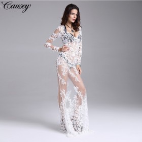 Star style autumn lace mesh yarn V-neck sexy fashion mini maxi evening dress skirt