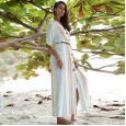 New spring new women's striped single-row button lapel short sleeve long dress
