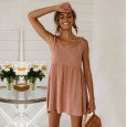 Spring New Round Neck Tie Strap Dress Swing Pleated Midi Skirt